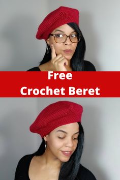 a woman wearing a crochet beret with the text free crochet beret