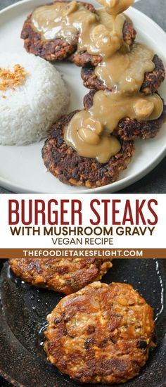 burger steaks with mushroom gravy and rice on a plate