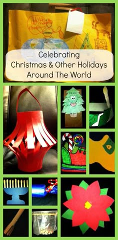 christmas around the world collage with paper and crafting materials, including an ornament