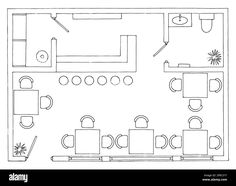 a floor plan for a restaurant with tables and chairs, coffee cups on the table