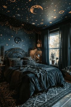 a bed room with a large window and stars on the ceiling, along with other decorations