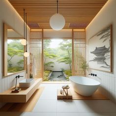 a large white bath tub sitting in a bathroom next to two sinks and a window