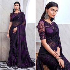 Purple & Black colored saree is prettified with sequins floral embroidered work as shown which makes it appear classy. This saree is made of Georgette fabric which is accompanied with banglori silk blouse piece which you can customise as per your design/style. Women can buy this saree to wear for their parties, reception and events. Note:- The actual product may differ slightly in color and design from the one illustrated in the images when compared with computer or mobile screen. Measurements: Purple Celebrity, Saree Party, Saree Beautiful, Saree Party Wear, Saree Bollywood, Indian Wedding Outfit, Party Wear Saree, Black Celebrities, Bollywood Style