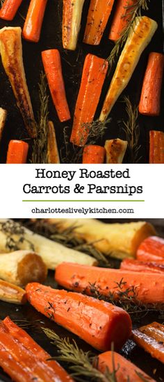 roasted carrots and parsleys on a grill with text overlay reading honey roasted carrots & parsleys