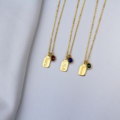 "Stylish and minimalist 14K gold birthstone tag necklace for everyday wear. Great for layering.  Unique personalized gift idea to show love to the important people in your life with a cute, dainty, and creative gift. The custom vertical bar name necklace with birthstone makes a perfect birthday gift for mothers, friends or yourself.  A special birthday gift for significant others. Just engrave his/her name. Select his/her birthstone. It is a perfect gift. It can be dressed up or dressed down dep Dainty Birthstone Name Necklace For Everyday, Dainty Birthstone Name Necklace, Personalized Minimalist Pendant Birthstone Necklace, Everyday Yellow Gold Name Necklace With Birthstone, Gold Nameplate Charm Necklace With Birthstone, Personalized Birthstone Pendant Necklace For Everyday, Personalized 14k Gold Birthstone Necklace For Everyday, Everyday Personalized 14k Gold Birthstone Necklace, Minimalist Gold Birthstone Necklace For Gift