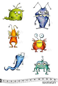 the monsters are drawn in different colors and sizes