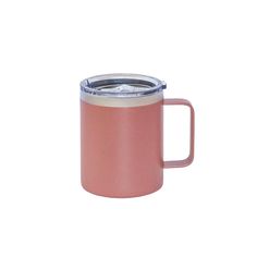 a pink coffee mug with a lid and handle is shown on a white background,