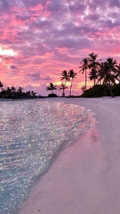 an ocean beach with palm trees in the background and pink sky above it at sunset