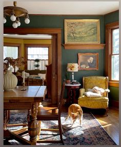 a dog is standing in the middle of a room with green walls and wooden floors