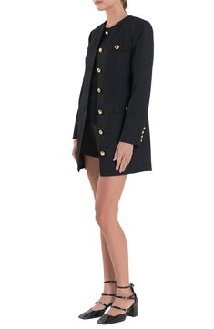 Glossy golden buttons secure the front of this polished long-sleeve minidress framed by padded shoulders that elevate the look. Front button closure Jewel neck Long sleeves, with padded shoulders Front welt pockets Lined 75% polyester, 22% viscose, 3% spandex Hand wash, dry flat Imported Designer Long Sleeve Blazer Dress For Work, Luxury Long Sleeve Blazer Dress For Evening, Luxury Long Sleeve Single Breasted Blazer Dress, Luxury Fall Blazer Dress With Button Closure, Luxury Long Sleeve Blazer Dress For Business, Fall Blazer Dress With Gold Buttons, Designer Outerwear With Gold Buttons And Long Sleeves, Luxury Long Sleeve Mini Dress For Work, Chic Long Sleeve Blazer With Gold Buttons