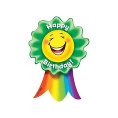 a happy birthday badge with the words happy birthday on it's center and rainbow ribbon