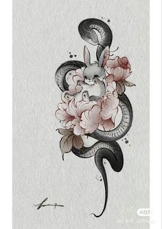 an artistic tattoo design with flowers and snake