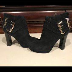 Guess Black Suede Booties With Gold Buckles Brand New, Never Worn No Box Party Black Booties With Buckle Closure, Chic Black Booties With Buckle Closure, Black Suede Booties, Guess Shoes, Suede Booties, Black Suede, Boots Booties, Bootie Boots, Ankle Boots