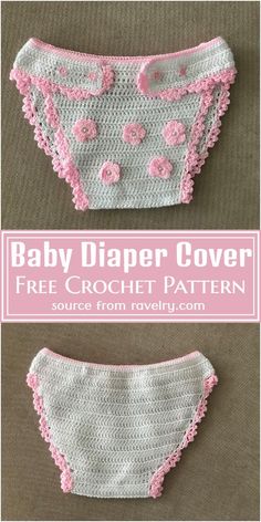 a crocheted baby diaper cover with pink flowers on the side and bottom