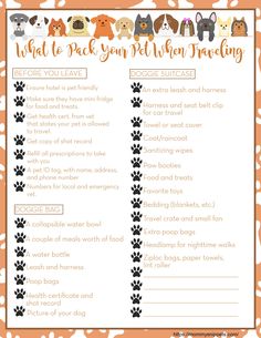 an orange and white printable pet training checklist with dogs, cats, and other animals