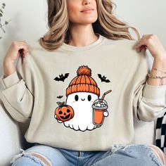 Cute Ghost Sweatshirt, Funny Halloween Sweatshirt, Pumpkin Halloween, Halloween Sweatshirt, Spooky Season Shirt, Girly Halloween, Bougie  HOW TO ORDER 1-) Please, check and review all photos 2-) Choose your item size and color 3-) Click add to cart. You can go back to add more product 4-)Click "Proceed to check out" 5-)When you check out, you can add a note to seller for any request PRODUCT FEATURE It's a 50% Cotton /50% polyester, 13.5oz fleece. It features a double-needle collar, shoulders, an Spooky Long-sleeve Orange T-shirt, Spooky Long Sleeve Orange T-shirt, Spooky Orange Long Sleeve T-shirt, Fun Long Sleeve Halloween T-shirt, Fun Long Sleeve Fall T-shirt, Cute Halloween Sweatshirt With Long Sleeves, Fun Halloween Crew Neck Sweatshirt, Cute Halloween Long Sleeve Sweatshirt, Cute Long Sleeve Halloween Sweatshirt