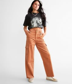 KanCan Signature 90s Cropped Wide Leg Corduroy Cargo Pant - Orange 26/28, Women's Sherry Ultra high rise Slightly fitted through the hip and thigh 15 bottom opening Frayed hem. This quality denim is hand-finished for a unique look. It will wear like your favorite jeans, with each hole and tear continuing to destruct over time. You will love the comfort of this denim that has the look and feel of years of wear. . 97% Cotton 3% Spandex. Machine wash cold with like colors inside out. Do not bleach. Orange Baggy Pants Outfit, Cool Barista Outfit, Orange Jeans Outfit, Burnt Orange Pants Outfit, Rust Pants Outfit, Orange Cargo Pants Outfit, Wide Leg Cargo Pants Outfit, Moon Thoughts, Utility Pants Outfit