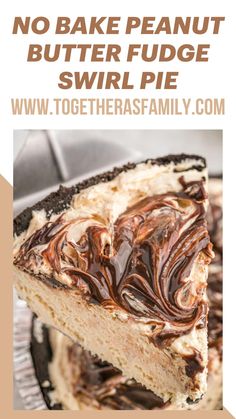 a piece of cheesecake with chocolate swirl on top and the words together in front of it