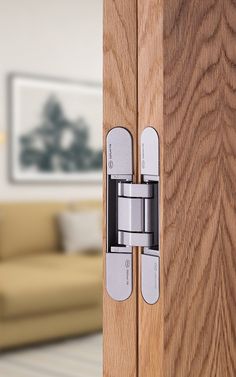 a close up of a door handle on a wooden door with a couch in the background