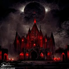 an image of a gothic castle with red lights on it's sides and the moon in the background