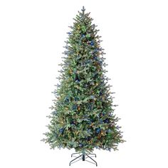 a christmas tree with blue and green lights on the top, in a metal stand