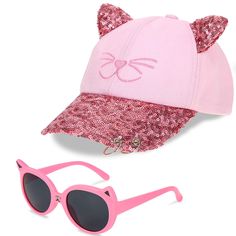 PRICES MAY VARY. Kids Sunglasses Hat Set:You will get a set of stylish and cute pink cat ear baseball caps and sunglasses designed for little girls. This baseball cap has shiny sequins on the brim and cat ears, the sparkling design is more eye-catching,let the little girl shine in the crowd. Safe And Comfortable Material: The toddler baseball hat is made of high quality cotton and polyester blend, breathable and comfortable. The children's sunglasses are made of high-strength PC material, which Trendy Adjustable Cat Design Hat, Trendy Adjustable Hat With Cat Design, Cat Ear Hat, Baseball Sunglasses, Girls Baseball, Girl Baseball Cap, Cat Ears Hat, Pink Baseball Cap, Cat Sunglasses