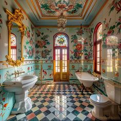 an ornate bathroom with two sinks and a bathtub