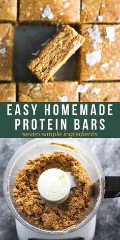 homemade protein bars in a food processor with text overlay that reads easy homemade protein bars seven simple ingredients