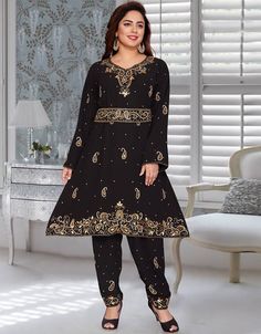 Black Georgette Partywear Salwar Kameez Latest Salwar with Bottom Pant Comfortable and Easy Wear Dress belongs to the embroidery work at the front and sleeves Hijab and band shown in the image can be bought separately Fabric: GeorgetteCare: Mild machine wash/ hand Cold Wash/ Dry cleanWe request customers to carefully choose the correct size and dress length referring to our size chart Frock Style Kurti, Designer Kaftan, Easy Wear Dresses, Black Frock, Modest Evening Dress, Frock Style, Embroidered Kurti, Color Embroidery, Work Party