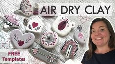 a woman standing in front of a display of air dry clay hearts and brooches