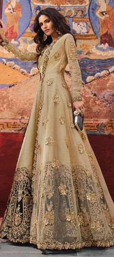 Beige and Brown color Salwar Kameez in Silk fabric with Embroidered, Stone, Thread, Zari work Punjabi Suits Party Wear, Moti Work, Angrakha Style, Indian Bride Outfits, India Dress, Indian Gowns Dresses, Brown Style, Zari Work, Indian Wedding Outfits