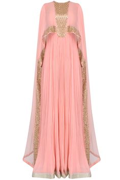 Pink pleated anarkali set with attached mirror work sheer cape available only at Pernia's Pop Up Shop. Sheer Cape, Georgette Gown, Peach Colour, Long Cape, Party Wear Gown, Mode Abaya, Gowns Of Elegance, Manish