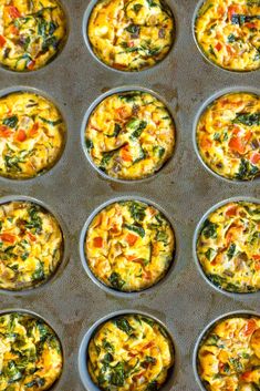 muffin tins filled with different types of breakfast foods on top of each other