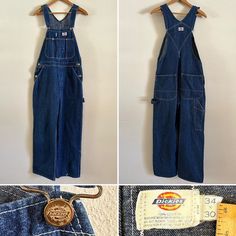 "For your consideration Original vintage 1990s era Dickies denim bib overalls 100% cotton Made in USA Marked size 34 X 30 A few washes .. minor fading .. no major soiling .. white spots look like paint .. no holes Two waist pockets Two back pockets Two button waist closure Adjustable shoulder straps Side leg hammer pocket and strap Snap button two pocket bib Two button crotch Measures approximately 21\" across hips 18.5\" across waist 29.25\" inseam 23.5 \" top bib to bottom crotch 9.5\" leg ope Mod Suits, Work Overalls, Workwear Overalls, Western Suits, French Workwear, Coverall Jumpsuit, Mens Overalls, Indigo Jeans, Boiler Suit