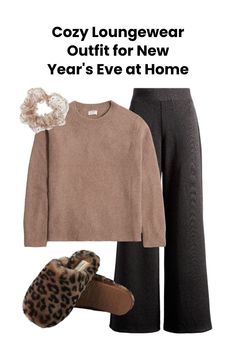 Embrace comfort on New Year’s Eve with chic loungewear that includes stylish sweatpants and fluffy slippers. Perfect for a cozy night in, this outfit idea keeps you comfy while you celebrate the countdown from your couch. Explore NYE outfit options that are both cute and practical!