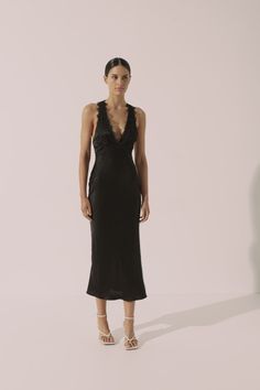 Camille Lace Cross Back Midi Dress | Black | Dresses | Shona Joy – Shona Joy International Lace Trim Midi Slip Dress For Night Out, Midi Slip Dress With Lace Trim For Night Out, Elegant Midi Dress With Lace Trim For Date Night, Backless Modal Satin Dress For Night Out, Lace Trim Midi Dress For Night Out, Satin Midi Dress With Lace Trim For Party, Satin Midi Dress With Back Opening, Chic Midi Dress With Lace Trim For Date Night, Party Satin Midi Dress With Lace Trim