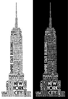 the new york city skyline in black and white, with words written all over it