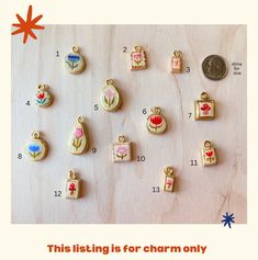 These tiny, dainty, handmade charms are made by me in my home in Los Angeles. ♡ Each pendant is handmade from lightweight air-dry clay, painted, and glazed. ♡ This listing is for individual charms (No chain) Please select a charm above. ♡ All charms are dainty- the size of a dime or smaller. ♡ Important Care Instructions: For the longevity of your charm, avoid exposure to excess moisture, and do not wear it in the shower or swimming pool. Charm Measures : see photo for measurement reference ** Follow @thathighfivelife on instagram for future charm drops Whimsical Personalized Charms For Gifts, Handmade Whimsical Charms For Gifts, Whimsical Nickel-free Charms For Gifts, Handmade Cute Charm Necklaces For Mother's Day, Handmade Cute Charm Necklaces, Cute Handmade Everyday Charm Necklaces, Cute Everyday Handmade Charm Necklaces, Handmade Small Charm Necklaces As Gift, Small Handmade Charm Necklace For Gift