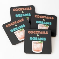 four coasters with drinks on them that say cocktails and dreams