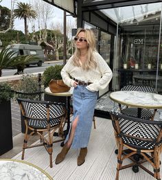 summer aesthetic, summer outfit, spring outfit, long denim skirt, denim skirt, simple outfit inspo, outfit idea, cowboy boots, brunch outfit Fall Denim Skirt Outfits Boots, Cowboy Boots Outfit 2023 Fall, Midi Denim Skirt Outfit Cowboy Boots, Long Boots Outfit Spring, Cowboy Boots Jean Skirt, Midi Denim Skirt Fall Outfit, Spring Outfits Cowboy Boots, Denim Skirt Outfit Boots, Long Denim Skirt Autumn Outfit