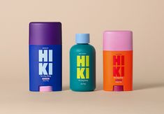 Hiki is a bold bodycare line for ‘everyday sweat needs’. It’s a deodorant line that goes beyond a deodorant or antiperspirant stick. As well as deodorants, there’s an anti-chafe stick, a talc-free body powder and compostable and biodegradable wipes. They’re all natural, vegan and free from artificial fragrance, in keeping with the trend for natural deodorants that’s been growing. Gen Z Skincare Packaging, Bold Packaging Design, Deodorant Packaging, Branding Design Packaging, Body Powder, Packing Design