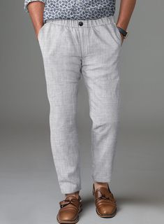 Maintain a distinct professional appearance by adding an extra bit of flair with our Easy Pants Italian Zod Light Gray Linen. Crafted from linen, these pants will keep you cool, sharp, and stylish in summer. Combine it with a matching jacket and waistcoat a crisp white and brown derby shoes.  Look Includes   Italian Zod Light Gray Linen Fabric  Elastic Waistband  Zip fly With Button Closure   Internal Drawstring   Two Welted Back Pockets   Click 'Customize Now' to modify the look if needed.  Lining: Viscose; Dry Clean. Luxury Linen Dress Pants For Men, Mens Fitted Linen Pants, Luxury Gray Trousers, Men’s Linen Trousers, Gray Wool Trousers, Brown Derby, Italian Suit, Professional Appearance, Wool Suit