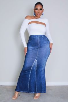 Elevate your casual look with our Melanie Denim-Effect Print Mermaid Hem Skirt. This maxi skirt features a plain pattern with a denim-like print, adding a touch of casual sophistication to your outfit. Crafted from knitted fabric, it offers both comfort and style. With a high waistline and mermaid hem, it accentuates your figure while maintaining a trendy silhouette. The skinny fit design adds a modern twist, making it perfect for everyday wear. Pair it with your favorite top for a chic and effo Full-length Denim Blue Maxi Skirt, Trendy High Waist Stretch Maxi Skirt, Non-stretch Long Denim Skirt, Chic Stretch Denim Blue Skirt, High-waist Stretch Denim Skirt With Lining, High Waist Stretch Denim Skirt With Lining, Full Length Non-stretch Denim Blue Denim Skirt, Stretch High Waist Denim Blue Skirt, High Waist Stretch Denim Skirt