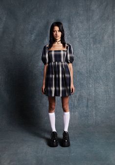 for the witching hour. This plaid babydoll dress has large puff sleeves, a square neckline, and an open back with a hidden zip closure. Babydoll Dress Pattern, Babydoll Dress Outfit, Black Babydoll Dress, Black Baby Dolls, Fairy Dresses, Crochet Boots, Pride Outfit, Doll Dress Patterns, Sleeves (women)