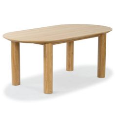 an oval wooden table with two legs on the top and bottom, against a white background