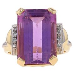 Size: 8 3/4 Sizing Fee: Up 3 sizes for $40 or Down 1 1/2 sizes for $30 Era: Retro Date: 1940s - 1950s Metal Content: 14k Yellow Gold & 14k White Gold Stone Information Natural Amethyst Carat(s): 14.25ct Cut: Emerald Color: Purple Natural Diamonds Carat(s): .08ctw Cut: Single Color: H - I Clarity: SI1 - SI2 Total Carats: 14.33ctw Style: Solitaire with Accents Features: Milgrain Detailing Measurements Face Height (north to south): 25/32" (19.5mm) Rise Above Finger: 3/8" (9.3mm) Weight: 13.4 Grams Antique Jewelry Rings, Silver Jewelry Box, Retro Ring, Emerald Color, Rise Above, La Face, Gold Stone, Womens Engagement Rings, Diamond Gemstone