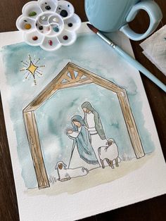 a watercolor painting of a nativity scene with the birth of jesus