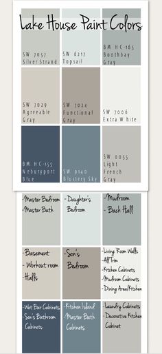 the color scheme for lake house paint colors in gray and blue, with text overlaying it