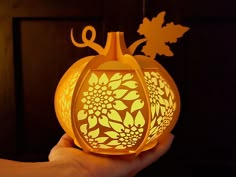 a hand holding a lit up pumpkin shaped lantern with leaves and flowers on the top