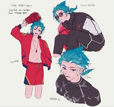 two anime guys with blue hair and one wearing red shorts, the other in black